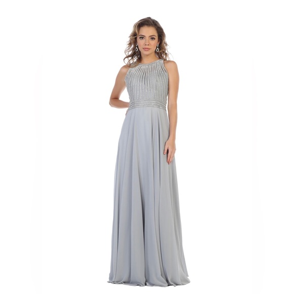 May Queen Beaded Illusion Jewel Chiffon Gown - Silver - Picture 1 of 2